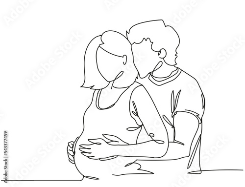 Continuous one line drawing of pregnant woman and her husband, Happy young family, hand drawn single line vector illustration