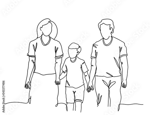 Single continuous line drawing of Happy family father and mother with children, hand drawn single line vector illustration.