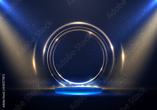 3D podium platform golden ring circles lighting effect backdrop with spotlight on blue stage background