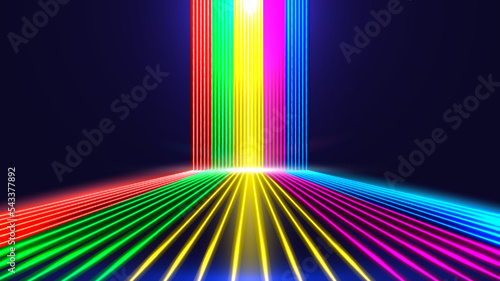 Abstract glowing neon colors lighting lines perspective on dark blue background