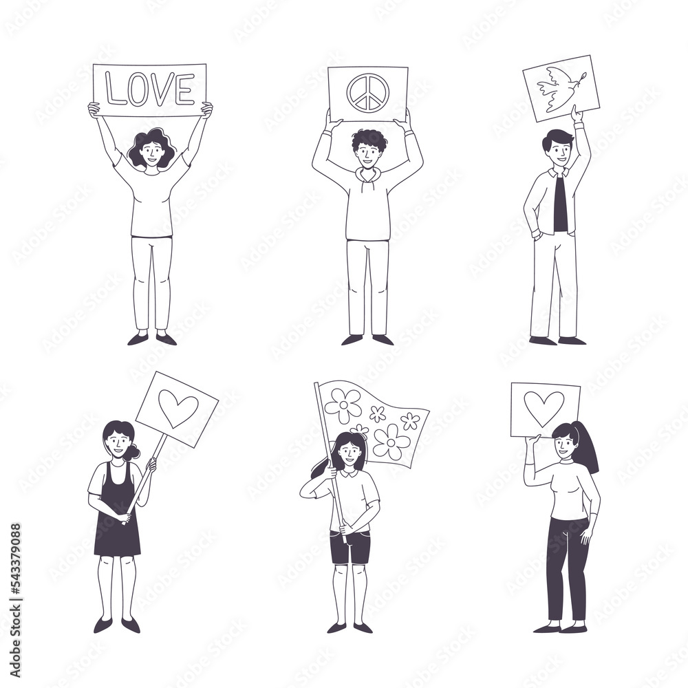 Man and Woman Character Partaking in Demonstration for Peace with Placard Vector Set