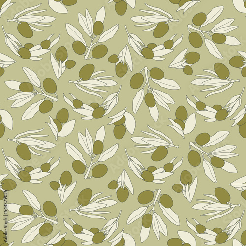 Vector flat seamless pattern. Cartoon simple style olives branches