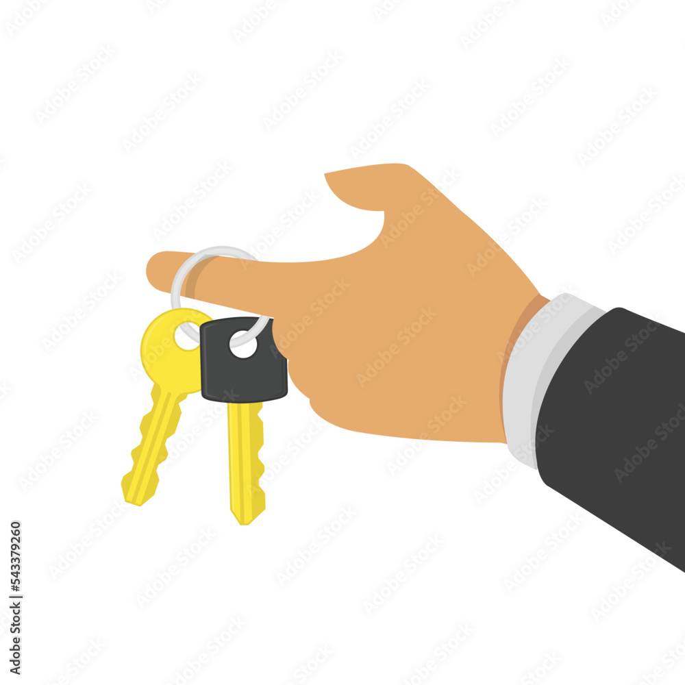 Fototapeta premium Hand holding keys on key ring in hand. Illustration of bunch of golden and silver keys on keyring. Key icon cartoon design element. Concept of rental service, gift, access image or security.
