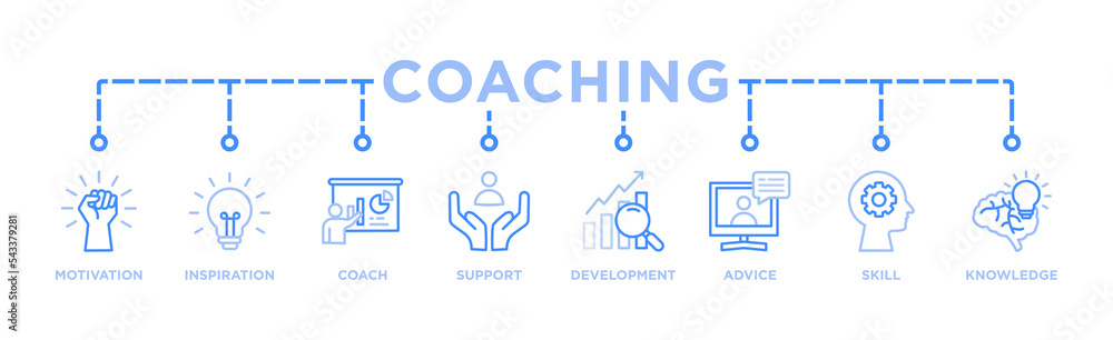 Coaching banner web icon for coaching and success, motivation, inspiration, teaching, coach, learning, knowledge, support and advice. Minimal vector infographic. Coaching banner web icon for coaching and success, motivation, inspiration, teaching, coach, learning, knowledge, support and advice. Minimal vector infographic.