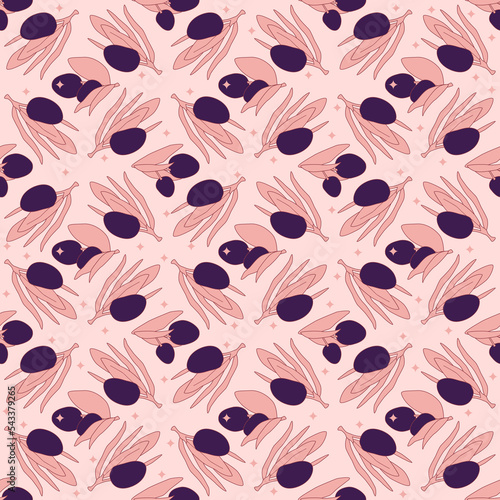 Cartoon seamless pattern. Dark olives with leaves and shine elements
