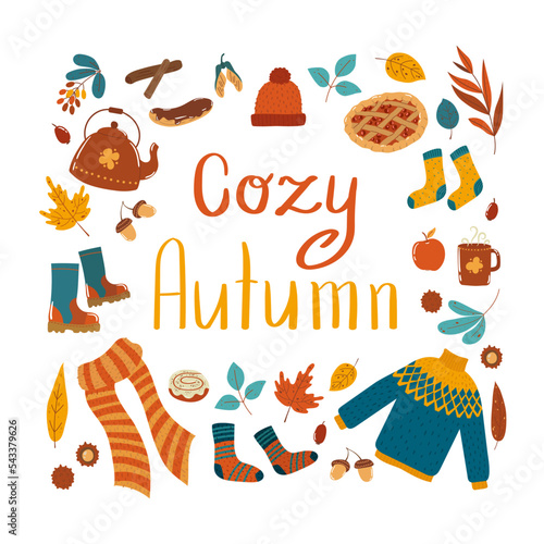 Lettering Cozy Autumn with autumnal items and foliage in flat style