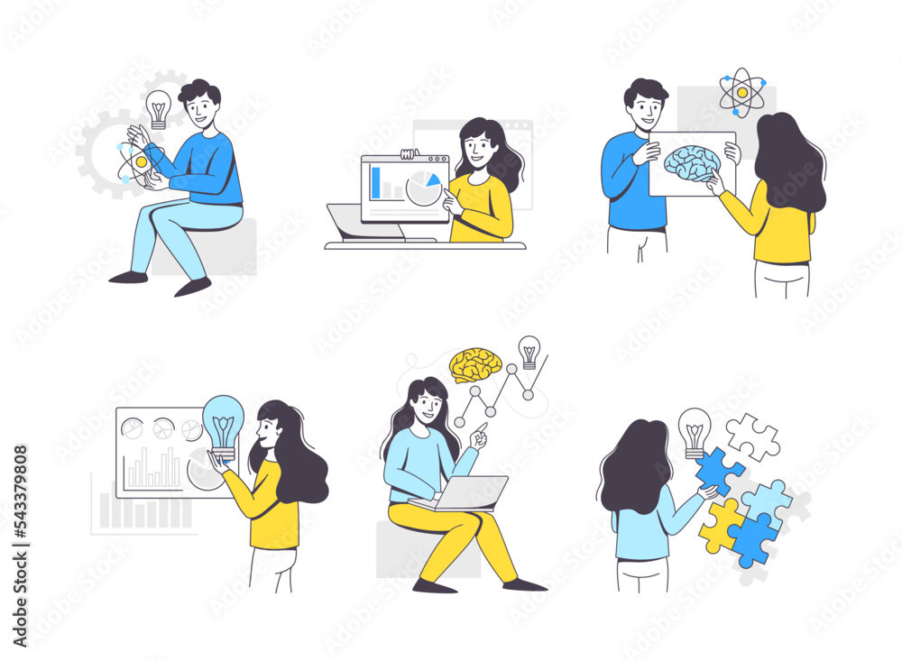 Business Project with People Character with Brain and Lightbulb Working with Startup Outline Vector Set Business Project with People Character with Brain and Lightbulb Working with Startup Outline Vector Set