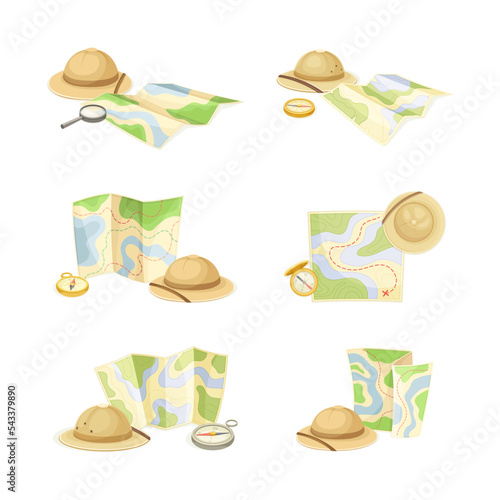 Expedition Map Depicting Geography and Route of Tourist Journey with Compass and Hat Vector Set