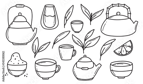 Matcha tea. Vector set of organic matcha tea powder, tea leaves, teapot, traditional cup. Tea ceremony. Healthy drink. Doodle style.