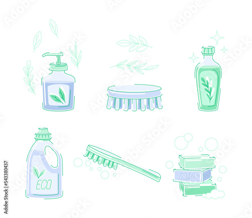 Plastic Bottle with Cleaning Detergent and Brush as Domestic Tool and Disinfectant for Washing Vector Set
