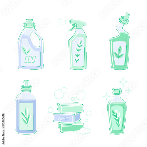 Plastic Bottle with Cleaning Detergent and Soap as Domestic Disinfectant for Washing Vector Set