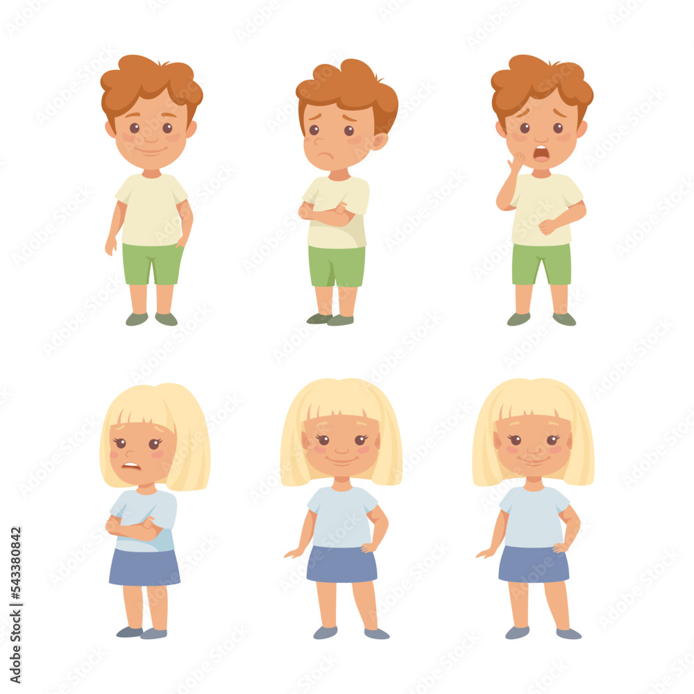 Little Girl and Boy Having Different Face Emotion and Gesture Vector Set Little Girl and Boy Having Different Face Emotion and Gesture Vector Set