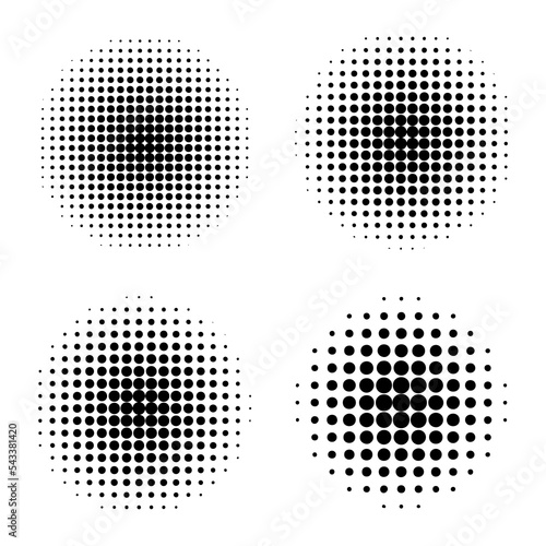 Halftone circles effect. Black dots in round shape isolated on background. Comic book texture with black radial gradient effect