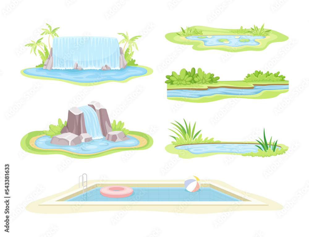 Natural Water Landscape with Flowing River Stream, Waterfall, Pond and Pool Vector Set Natural Water Landscape with Flowing River Stream, Waterfall, Pond and Pool Vector Set