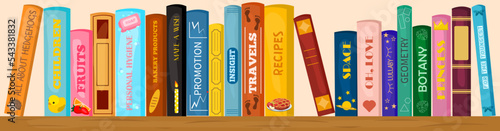 Vector bookshelf made of wood with books. Literature for the whole family. Children's reading. Creative banner for bookstore, library, fairs.
