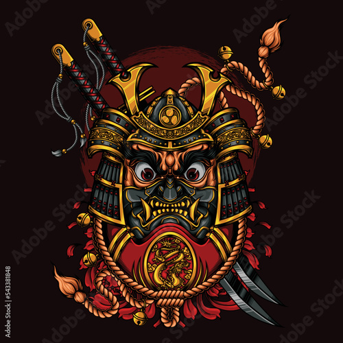 daruma wearing samurai helmet with katana sword vector illustration