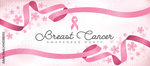 Breast cancer awareness month text and pink ribbon sign on soft pink texture background and long pink ribbon frame around vector design