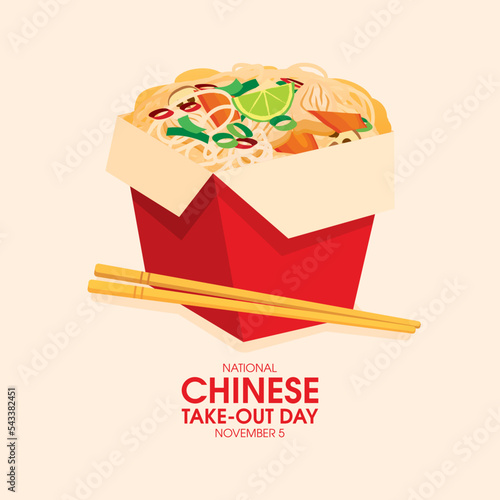 National Chinese Take-Out Day vector. Chinese food take out box with noodles, chicken meat and vegetables icon vector. Delicious asian food design element. November 5. Important day