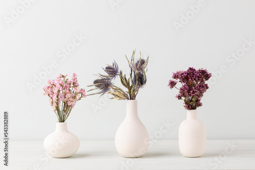 Flower in vase on pastel wall background.