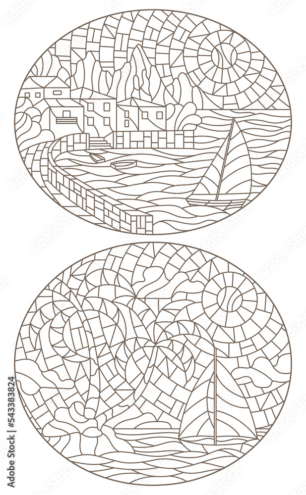 A set of contour illustrations in the style of stained glass with seascapes, dark contours on a white background A set of contour illustrations in the style of stained glass with seascapes, dark contours on a white background