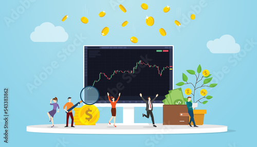 stock market concept with people man and woman happy on candlestick monitor screen for investment with modern flat style