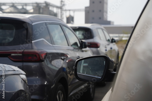 Khorgos, Kazakhstan - 09.22.2022 : New cars stand in a row in a dry port on the border between Kazakhstan and China.