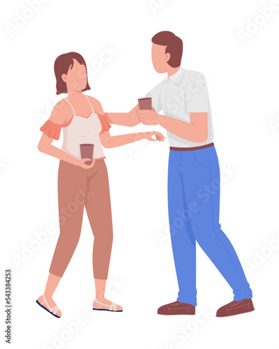 Couple drinking coffee semi flat color vector characters. Editable figures. Full body people on white. Having fun together simple cartoon style illustration for web graphic design and animation