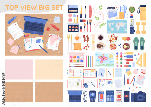 Top view items 2D vector isolated illustrations big set. Pack of flat objects with cartoon backgrounds. Colourful editable constructor for web graphic design and animation. Quicksand, Rubik fonts used