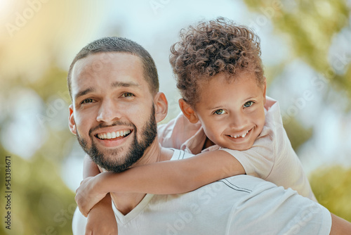 Bild auf Leinwand Dad, family and piggy back portrait with happy son in park to relax, bond and smile together