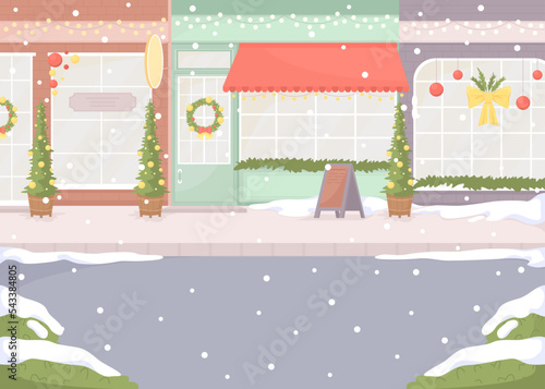 Town street with falling snowflakes flat color vector illustration. Xmas holiday celebration. Wonderland scene. Fully editable 2D simple cartoon cityscape with Christmas scenery on background