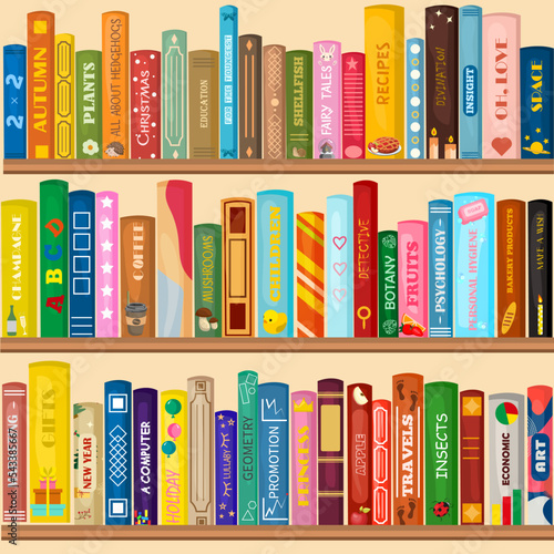 Vector bookshelf made of wood with books. Literature for the whole family. Children's reading. Creative banner for bookstore, library, fairs.