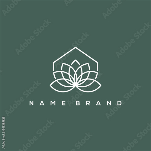 line art magnolia flower and house logo vector