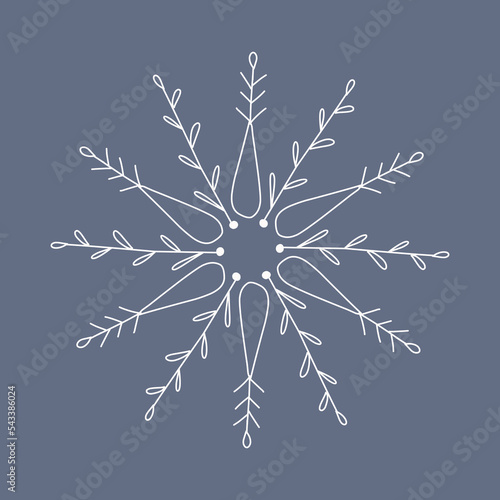 Snowflake in doodle style, winter holiday decoration on background.