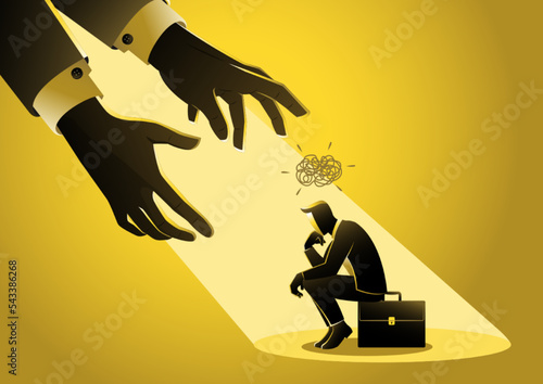 A businessman sitting on suitcase sadly