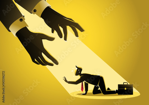 A businessman crawling and hands reaching