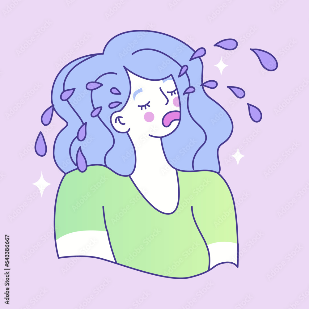 The girl is crying. Mood swings, depression, depression. Symptoms of premenstrual syndrome. The health of the female body. Woman period problems. Vector illustration.