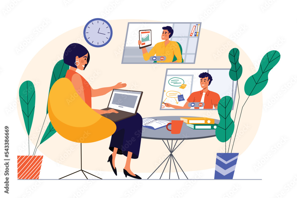 Online conference concept with people scene in the flat cartoon style ...