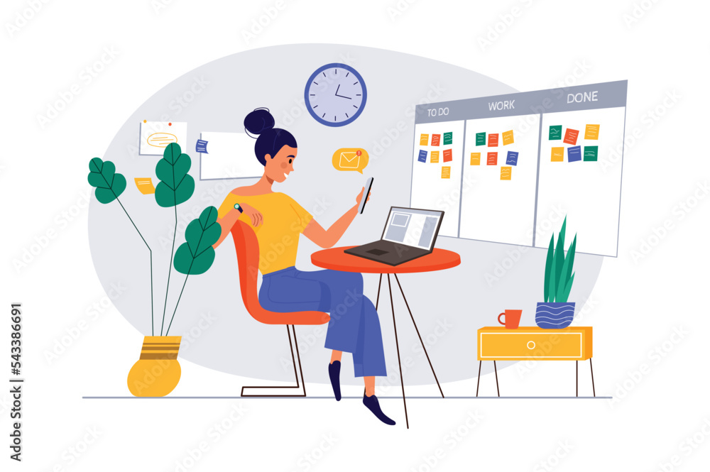Concept time management with people scene in the flat cartoon design. Woman plans her time for a work and personal affairs. Vector illustration.