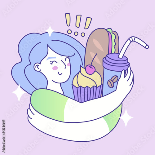 The girl hugs junk food. Overeating syndrome concept. Stress eating. Symptoms of premenstrual syndrome. The health of the female body. Woman period problems. Vector illustration.