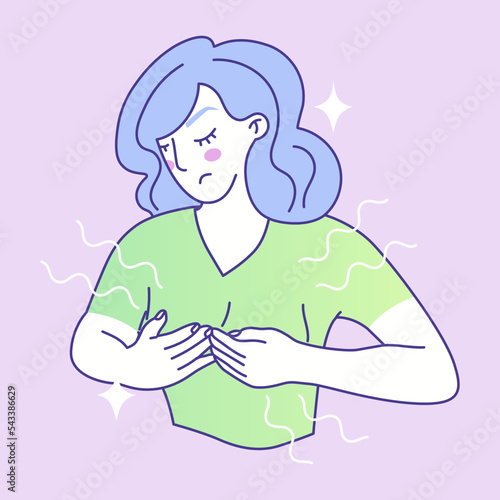 The girl holds on to her swollen breasts due to premenstrual syndrome. PMS symptoms. The health of the female body. Woman period problems. Vector illustration.