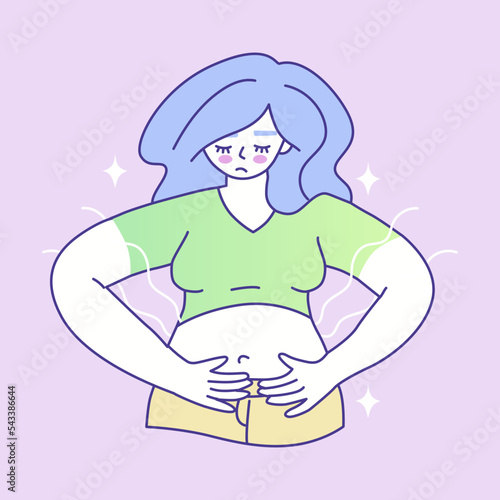 The girl looks at her swollen belly. Bloating, gas formation, unhealthy digestion. Symptoms of premenstrual syndrome. The health of the female body. Woman period problems. Vector illustration.