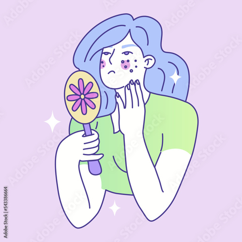 The girl looks at the acne on her face in the mirror. Skin diseases, inflammation, dermatology. Symptoms of premenstrual syndrome. Health of the female body. Woman period problems. Vector illustration
