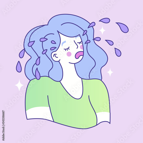 The girl is crying. Mood swings, depression, depression. Symptoms of premenstrual syndrome. The health of the female body. Woman period problems. Vector illustration.