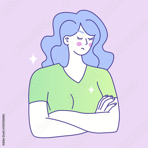 The girl crossed her arms in a bad mood. Mood swings, depression, depression. Symptoms of premenstrual syndrome. The health of the female body. Woman period problems. Vector illustration.