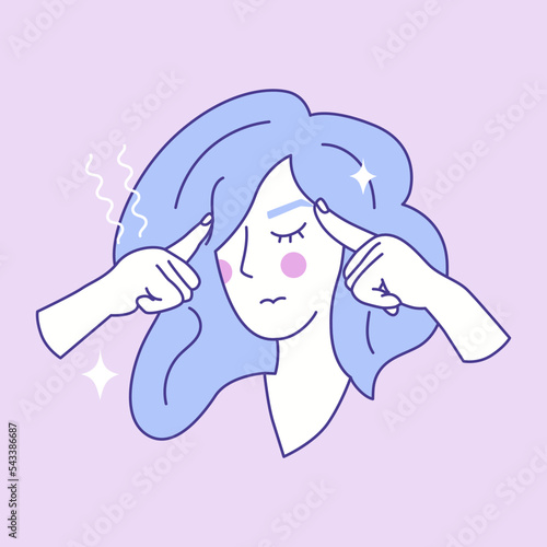 The girl squeezes her temples with her hands because of a headache. Symptoms of premenstrual syndrome. The health of the female body. Woman period problems. Vector illustration.