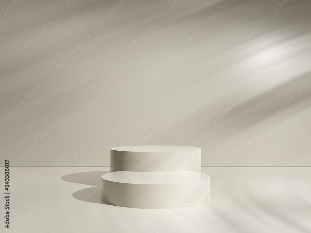Pedestal podium on natural shadow pastel beige backdrop. Product promotion beauty cosmetics display. Cosmetic background for product presentation. 3d rendering. Pedestal podium on natural shadow pastel beige backdrop. Product promotion beauty cosmetics display. Cosmetic background for product presentation. 3d rendering.