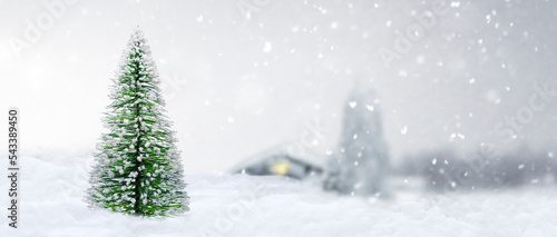 Weihnachtsbäumchen in Schneelandschaft bei Schneefall
