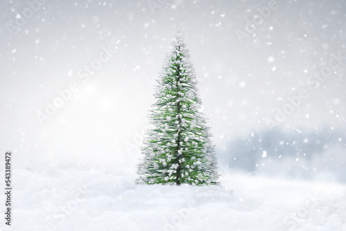 Weihnachtsbäumchen in Schneelandschaft bei Schneefall