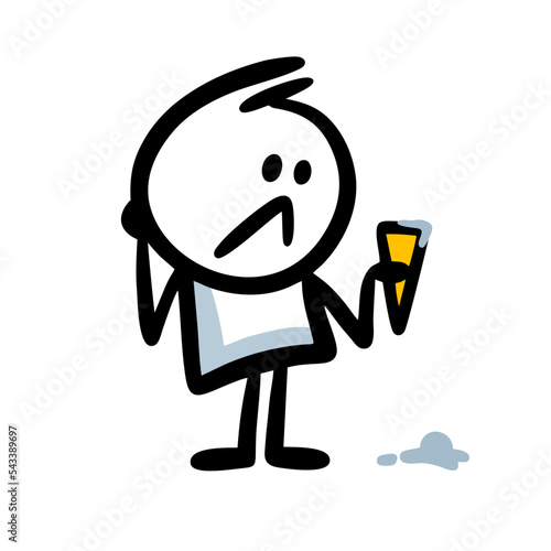 Upset child figure with unhappy face dropping down tasty ice cream ball.