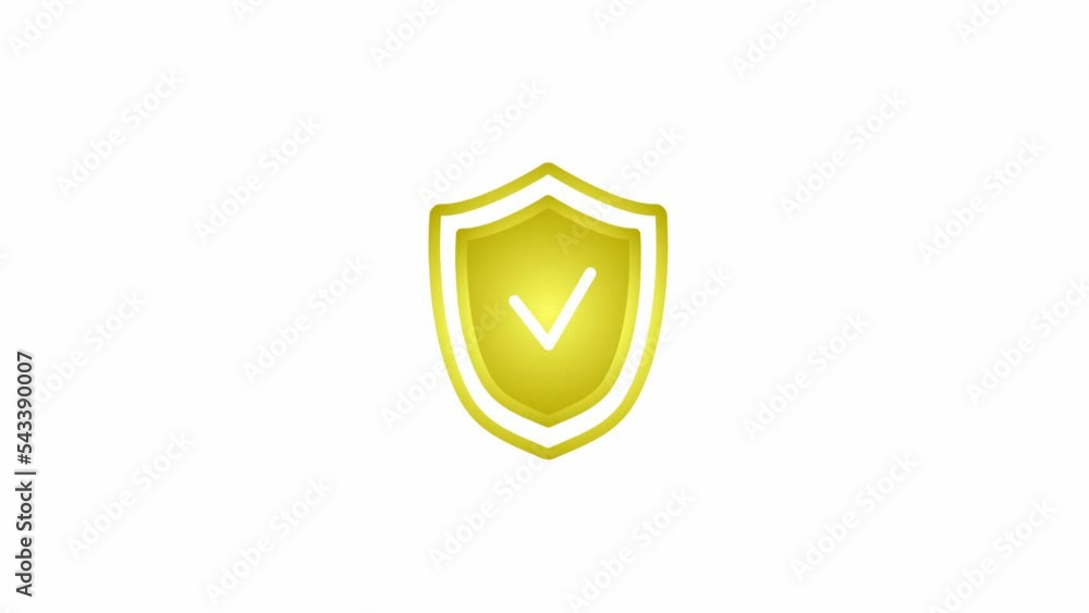 Animated golden symbol of shield with check mark. Radiance from rays around symbol. Looped video. Flat vector illustration isolated on white background. Animated golden symbol of shield with check mark. Radiance from rays around symbol. Looped video. Flat vector illustration isolated on white background.
